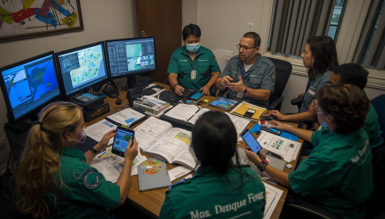 Equipe em reunião acompanhando mapas, telas e operação da vigilância
